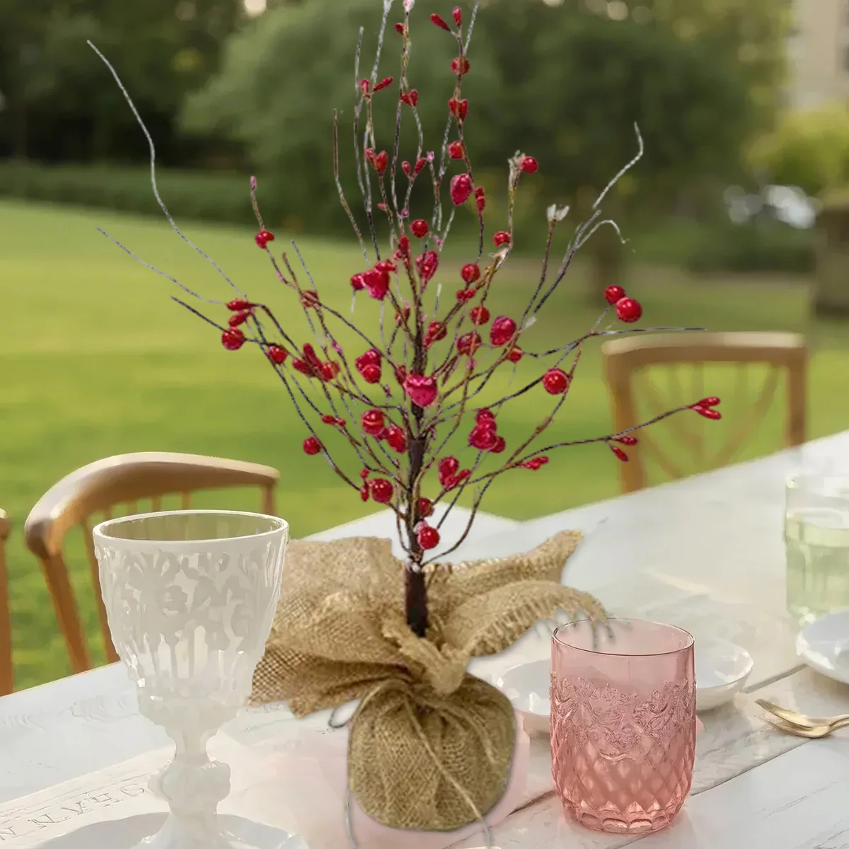 

Valentines Day Tree Decorative Red Love Berries, Artificial Red Berries Heart Table Tree with Burlap Base, Artificial