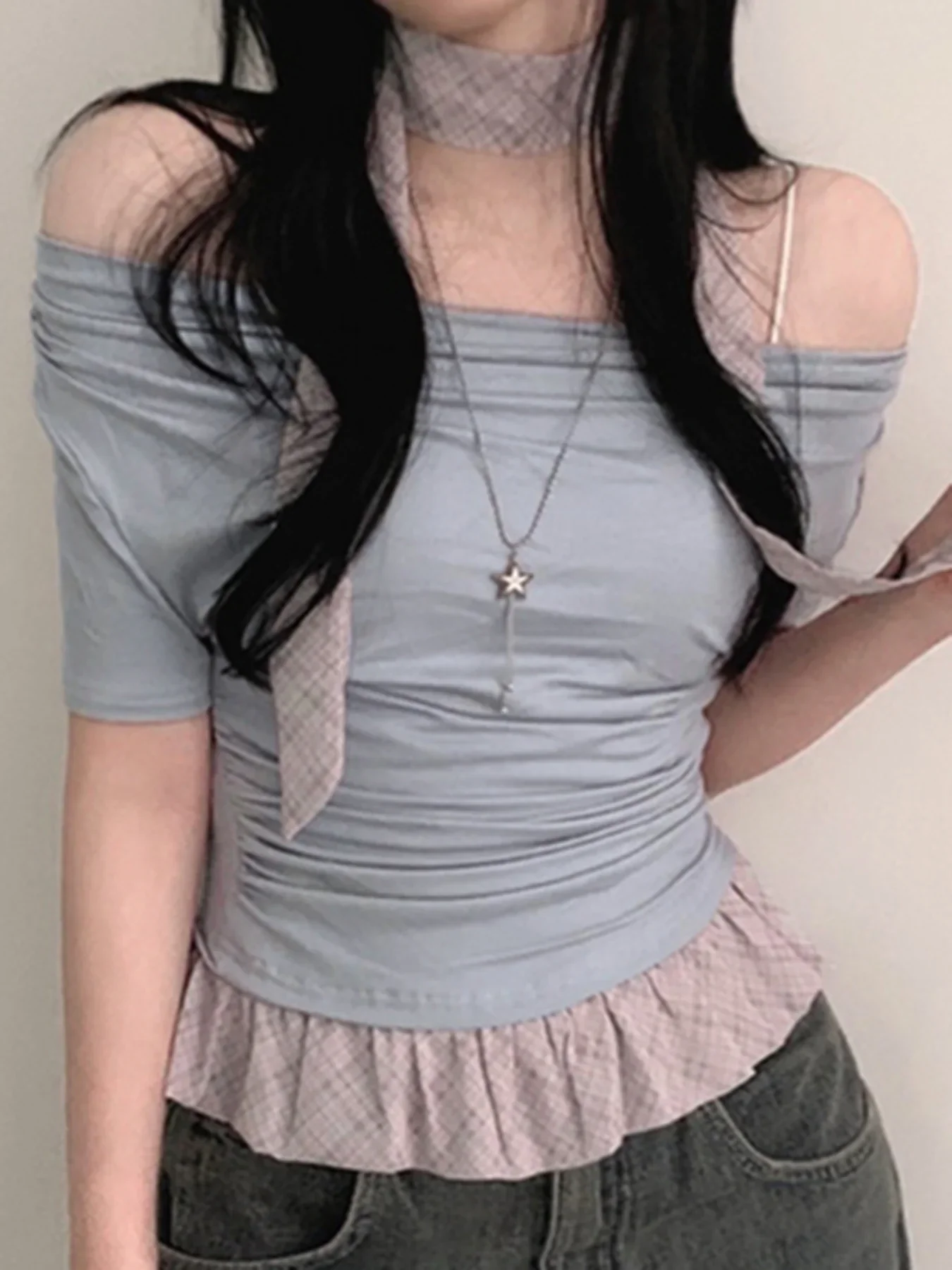 

FDEY Fashion Chic Simple Spliced Women Chic Summer T-Shirts Summer Ruched Plaid Prints Slash Neck Blouses