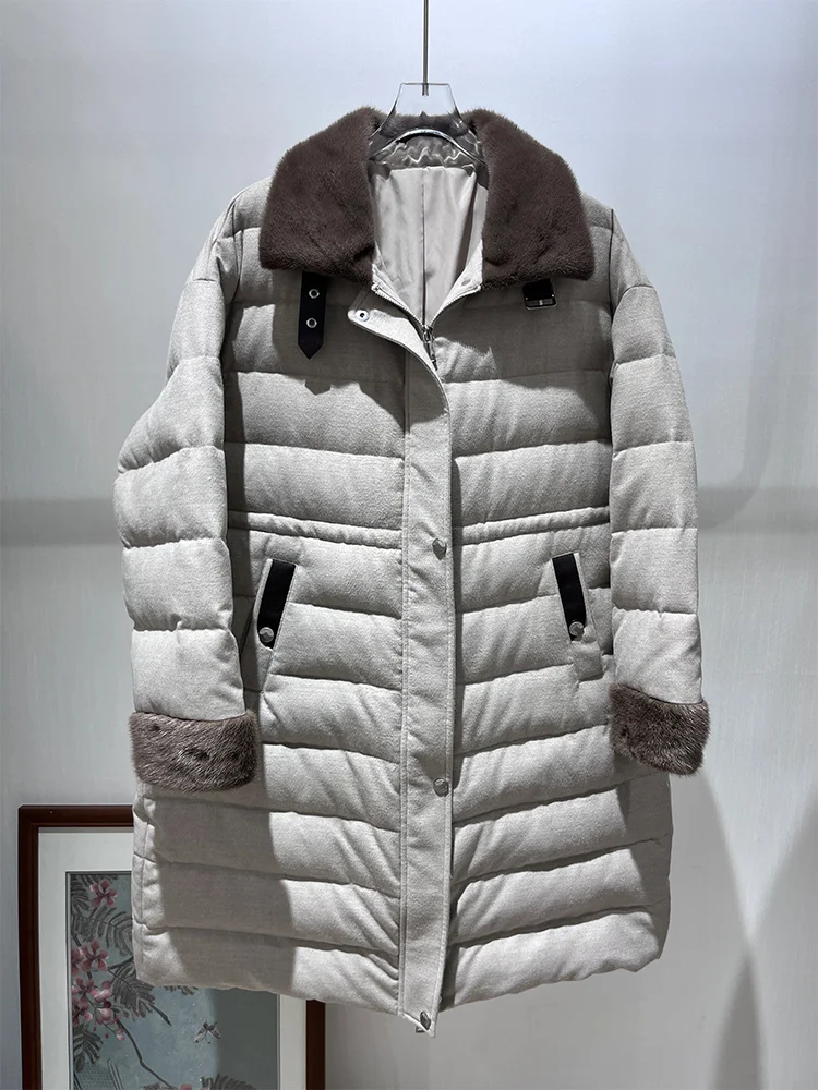 2025 여성 겨울 따뜻한 리얼 밍크 퍼 칼라 구스 다운 재킷 캐시미어 울 재킷 여성 아우터 코트 패딩 재킷