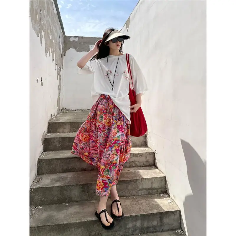 Gonna da donna stile vacanza Ispirazione greca antica Pittura a olio in cotone Gonna colorata Gonna lunga con stampa artistica giovanile