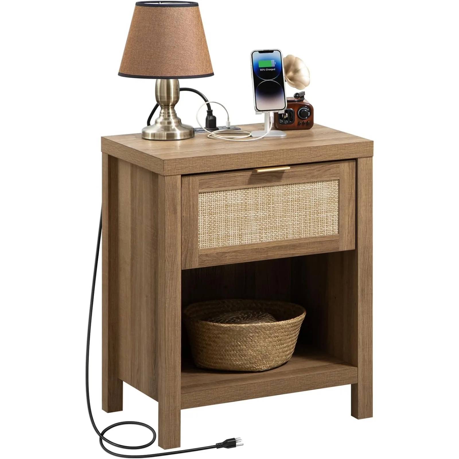 US Rattan Nightstand Tall End Table - Farmhouse Side Table with Storage Cabinet Boho Night Stand Bedside Table for Bedroom,