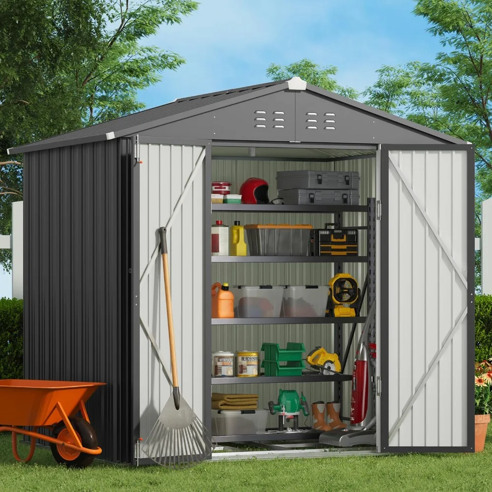 

Outdoor Storage Shed 8 x 6 FT, Galvanized Metal Garden Shed with Double Lockable Doors, Outdoor Storage Clearance for Backyard