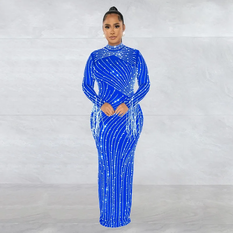 Vestidos de Noche de celebridades con diamantes de imitación brillantes para mujer, vestido Maxi ajustado transparente de malla de manga larga con borlas de diamantes para club nocturno de lujo