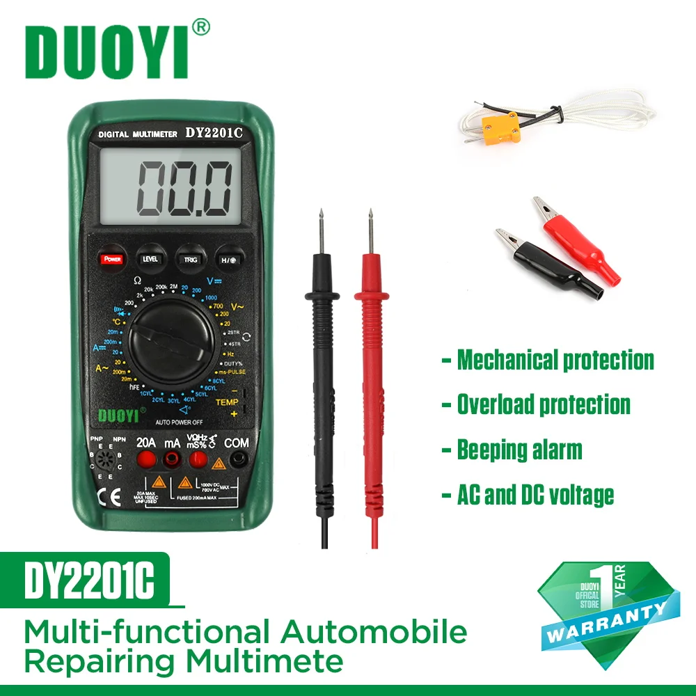 DUOYI DY2201C Automotive Digital Multimeter Ture RMS Auto Range NCV 2-20KHZ 1000V AC/DC High Precise Car Multimetro Tester