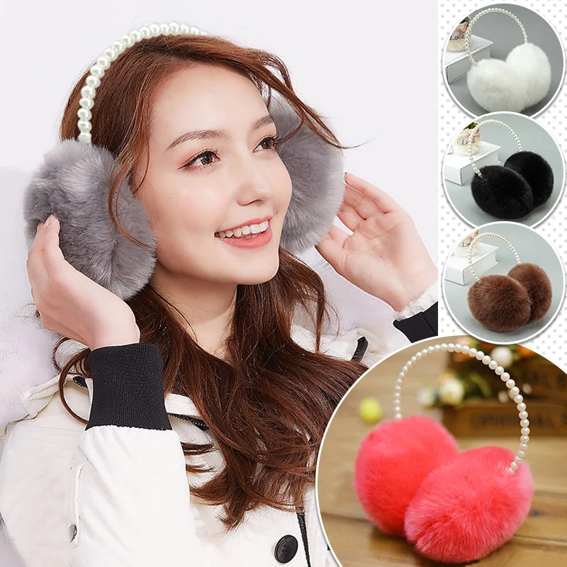 Super Soft Imitation Rabbit Hair Earmuffs Pearl Headband Girls Women Winter Plush Earflap Pink/White Cold Protection Ear Warmer