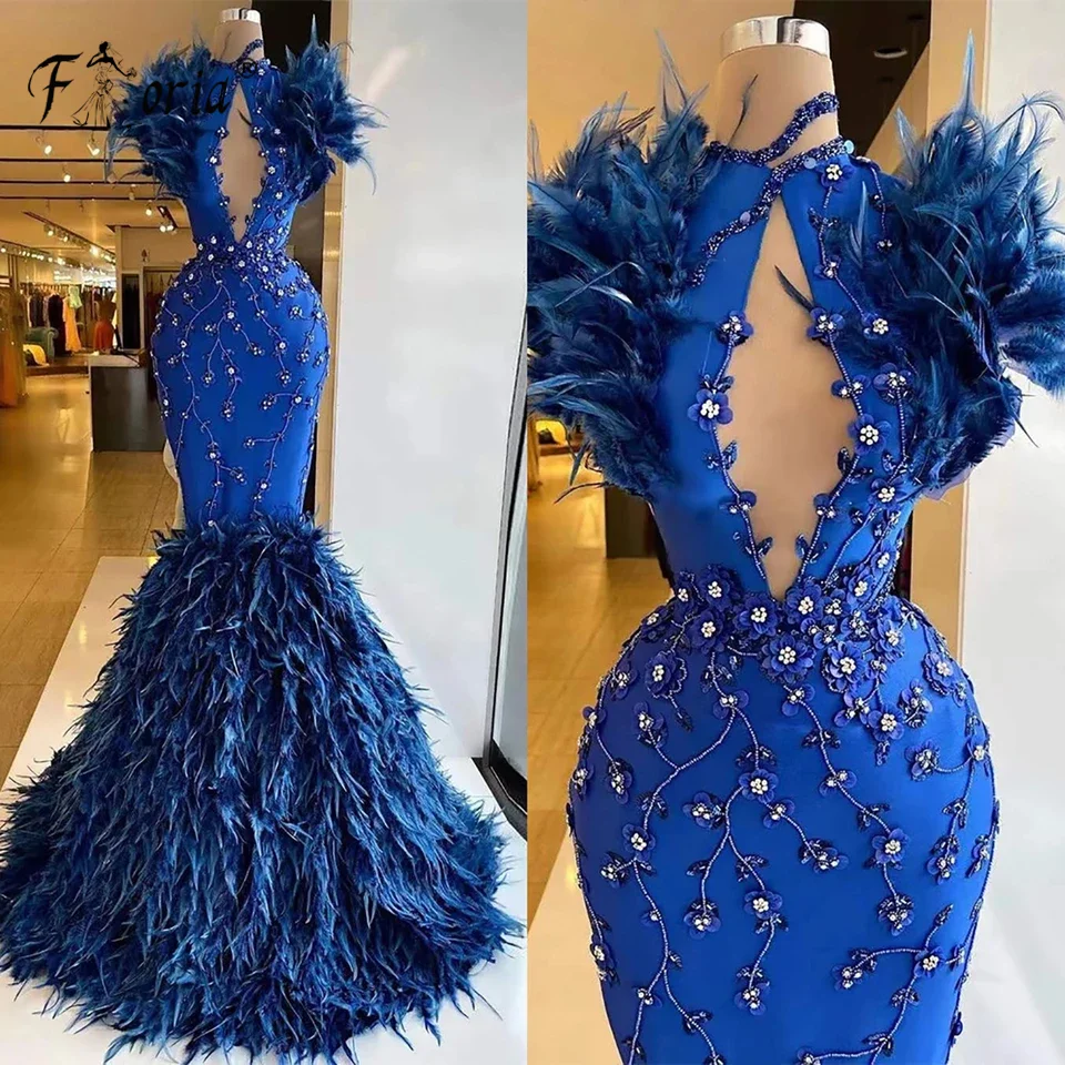 Gaun malam putri duyung Bespoke bulu manik-manik besar mewah gaun selebriti bunga 3D biru Royal upacara pernikahan Vestidos Festa