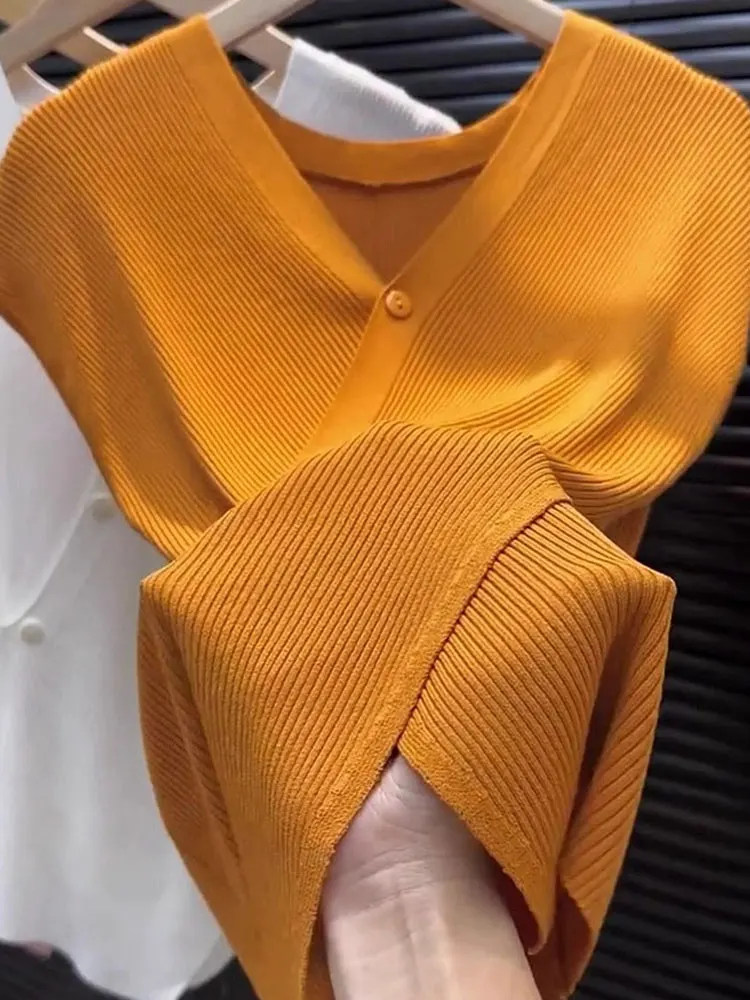 تي شيرت Ele ort Sve بقصة ضيقة باللون البرتقالي، بحاشية غير متماثلة، قميص كوري فضفاض مناسب للصيف غير رسمي #4