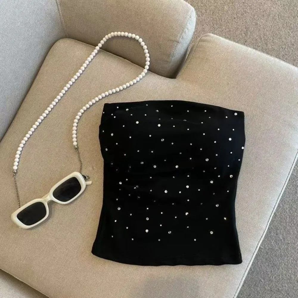 

Hotfix Rhinestones Women's Tight Fit Tank Top BM Style Cotton Rhinestone Strap Vest Y2K Style Tight Fit Backless Vest Outerwear