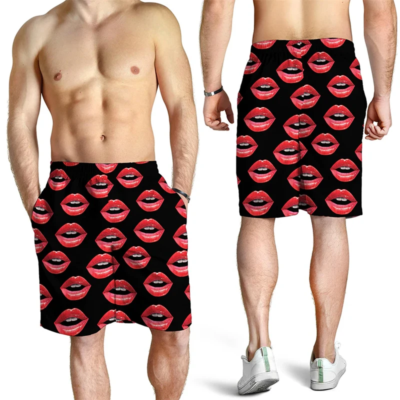 New Harajuku Cartoon Flame Red Lips 3D Printed Beach Shorts Summer Holiday Men Women Kiss Pattern Loose Breath Trunks Ice Shorts