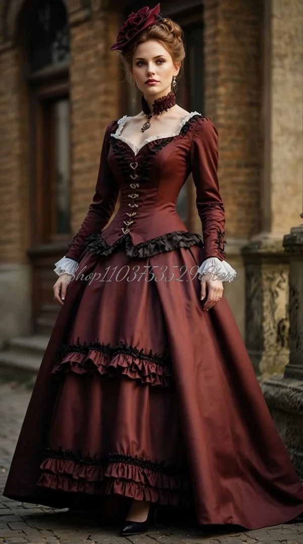 Robe de Rhvictorienne marron plonger âtre classique, col carré délicat, corsage à lacets, manches longues, volants en dentelle, volants, quelle que soit