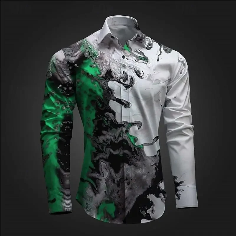 Men's shirt 3D printing subculture party street vacation spring and summer long-sleeved ruby color, four-way stretch shirt