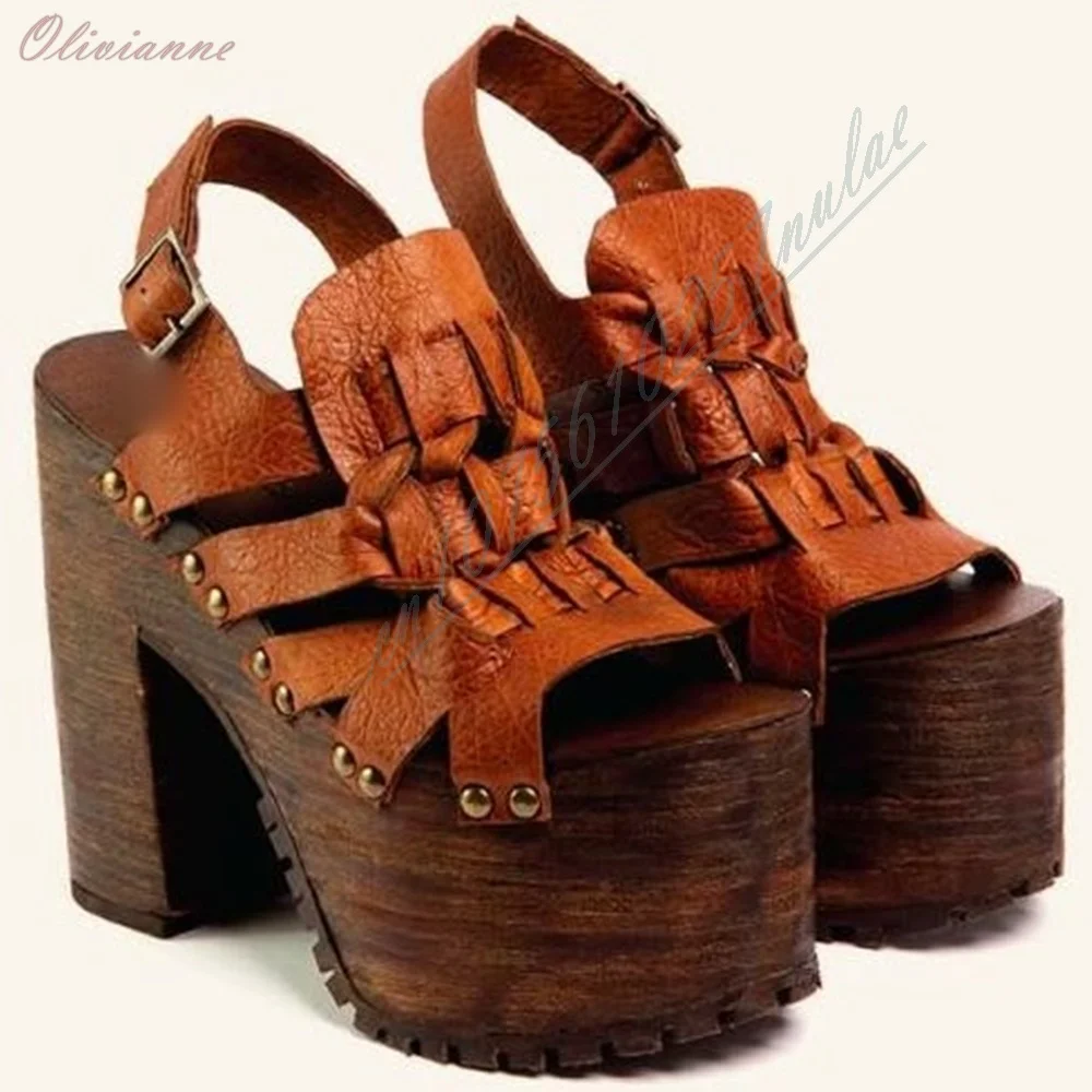 Brown Color Woven Platform Sandals Peep Toe Multi Straps Rivet Decor Chunky High Heel Ankle Buckle Retro Western Heels Mujers