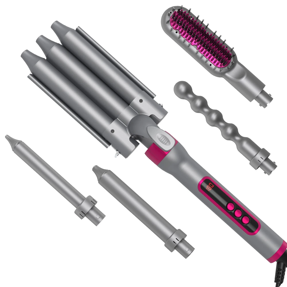 

SMET Professional Interchangeable Triple Barrel Waver Rotating Hair Curler LCD Temperature Display PTC for Household Hotel Use