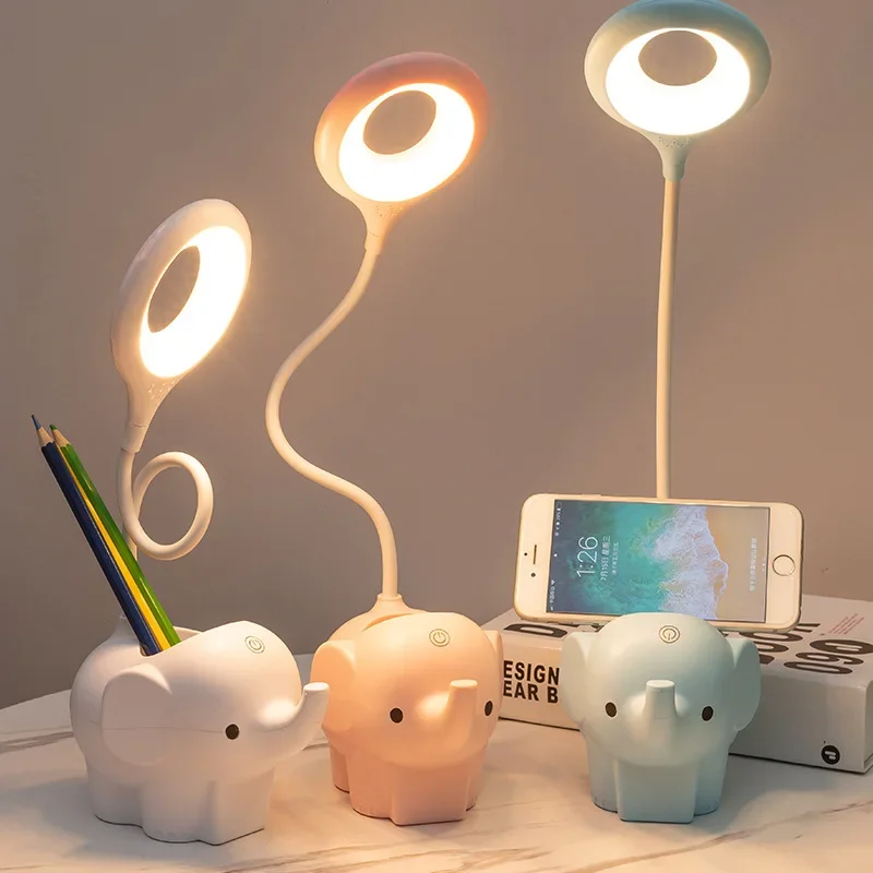 Led Table Lamp Creative Elephant Animal Charging Plug-in Dual-Use Three-Color Temperature Adjustable Bracket Learning Desk Lamp