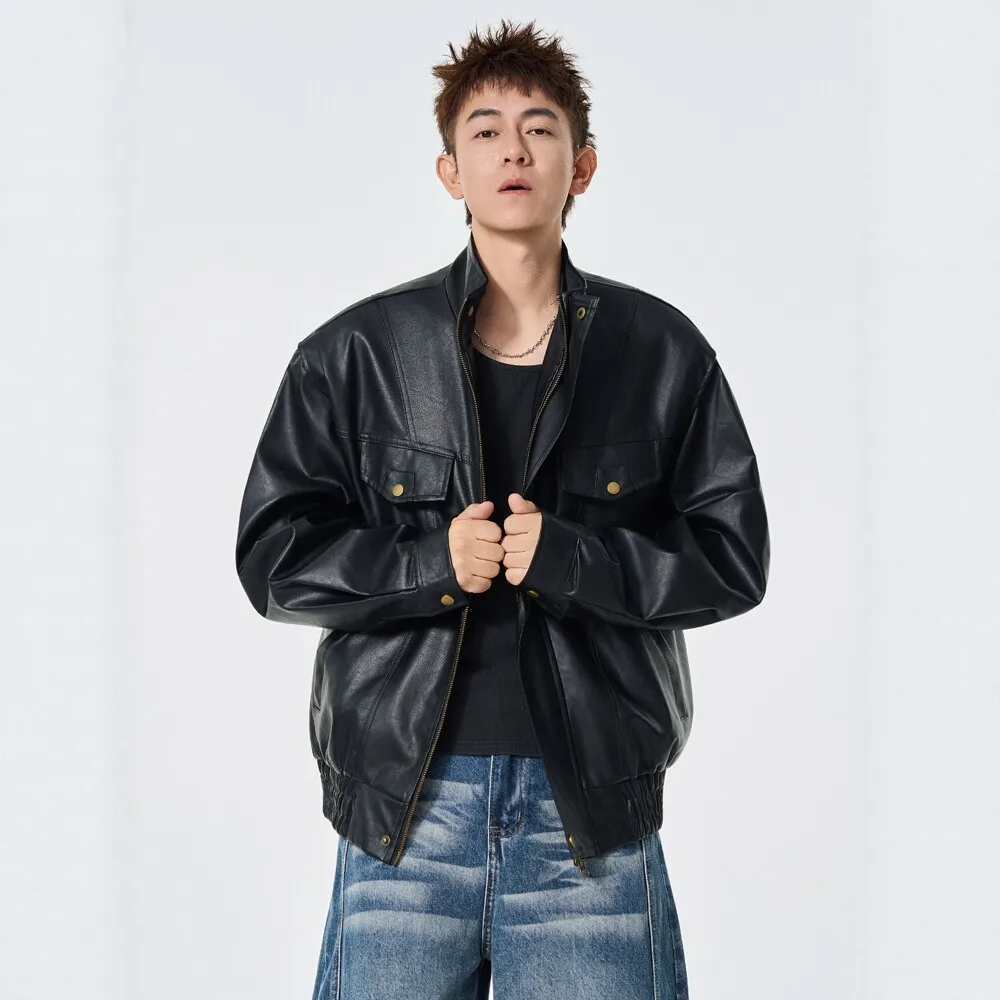 Black Solid Color Turn-down Collar Long Sleeve PU Leather Simple Basic Casual Loose Jackets Autumn New Fashion Loose Coats Male