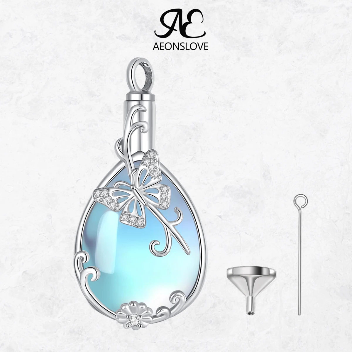 

AEONSLOVE Moonstone Cremation Urn Necklace Rhodium-Plated Copper Butterfly Flowers Ashes Pendant Memorial Jewelry Gift for Women
