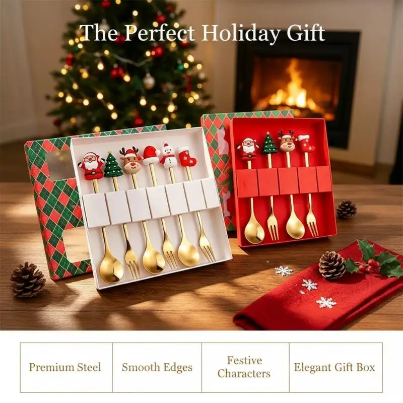 2/4pcs Stainless Steel Christmas Cutlery Spoon Fork Set Cute Cartoon Handles Perfect For Holiday Dinners Xmas Gifts
