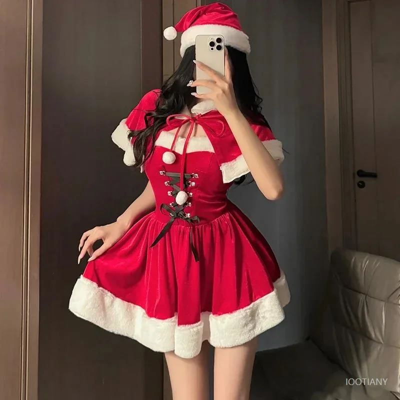 

New Year Girls Red Dress Cape Role Play Christmas Costume Cape Women's Role Play Costume Full Set Warm Holiday Uniform Clothing
