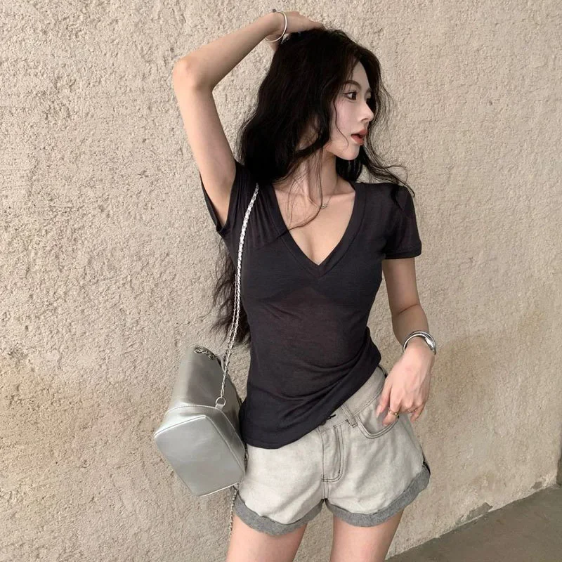Lucyever White V-Neck Short Sleeve T Shirt Women Sexy See Through Thin Summer Tee Tops Female Casual All-Match Street T-Shirts
