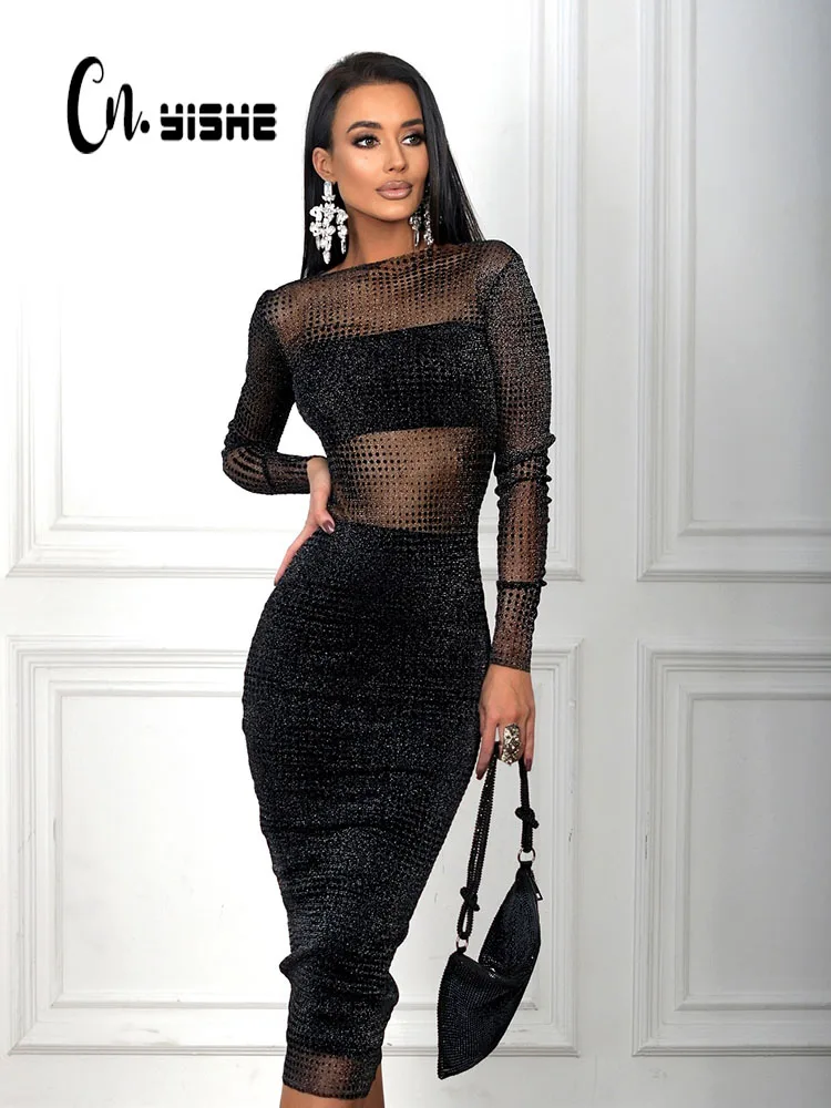 CNYISHE Mesh Patchwork Solide Sheer Bodycon Mantel Midi Party Kleider für Frauen Langarm Slash Neck Outfits Sexy Club Weibliche