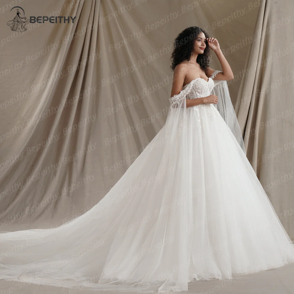 BEPEITHY Customized Sweetheart Glitter Princess Wedding Dresses For Women With Flown Summer Bride Ivory Bridal Ball Gown 2024