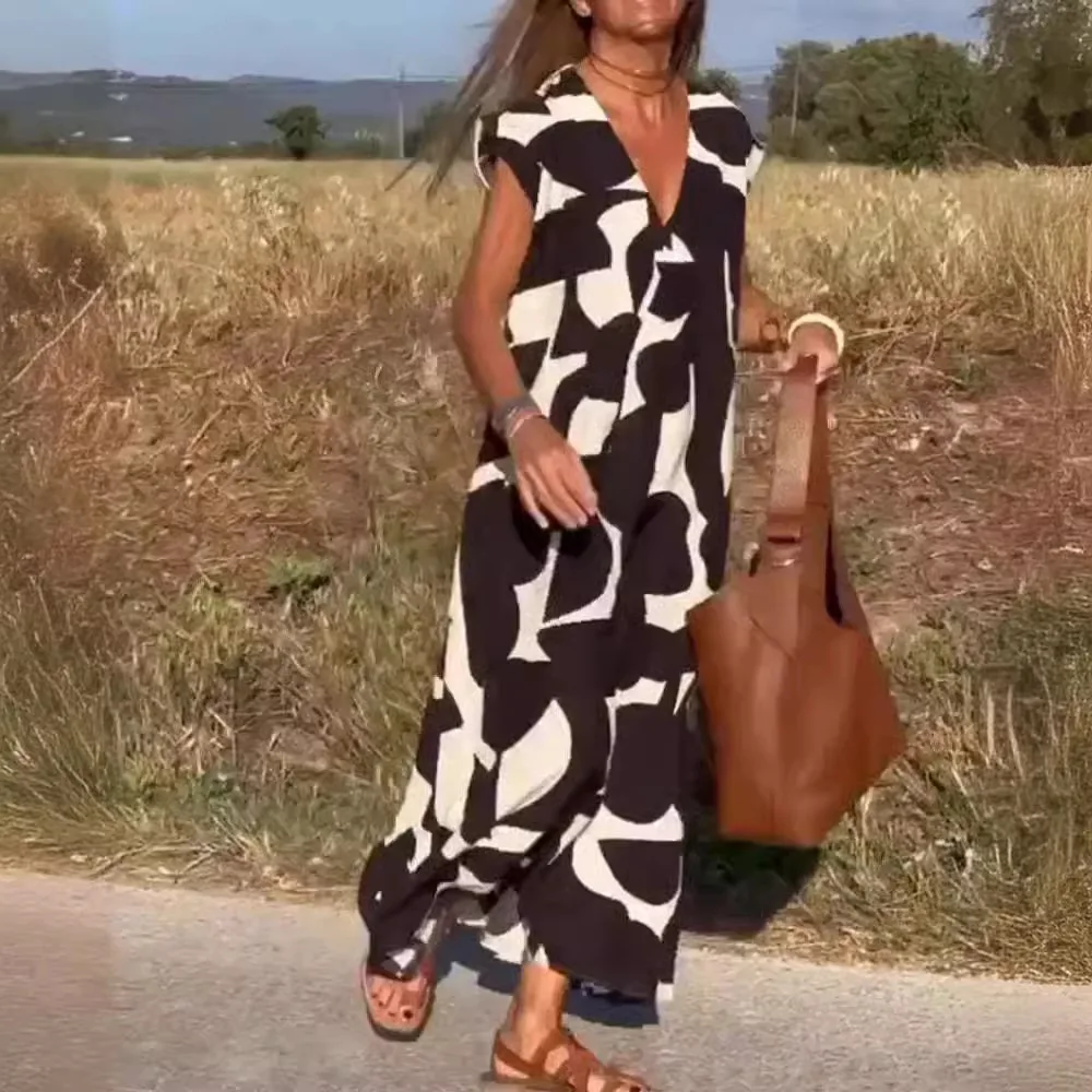 2024 Estate Casual Boho Abito stampato Scollo a V Manica corta A Line Dress Casual Allentato Flowy Swing Abiti lunghi per le donne Eleganti