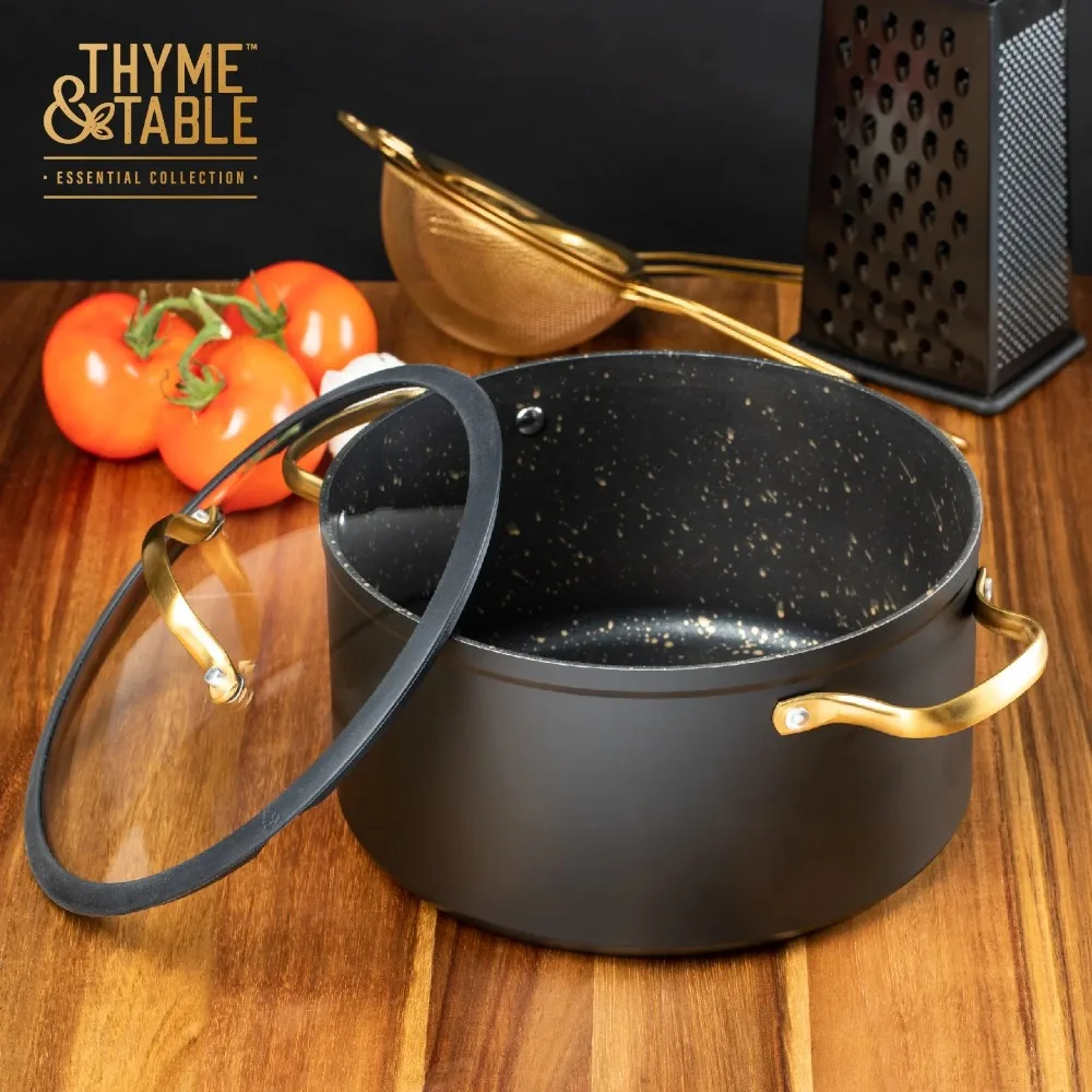 

Non-Stick 5 QT Signature Stock Pot with Glass Lid, Black & Gold
