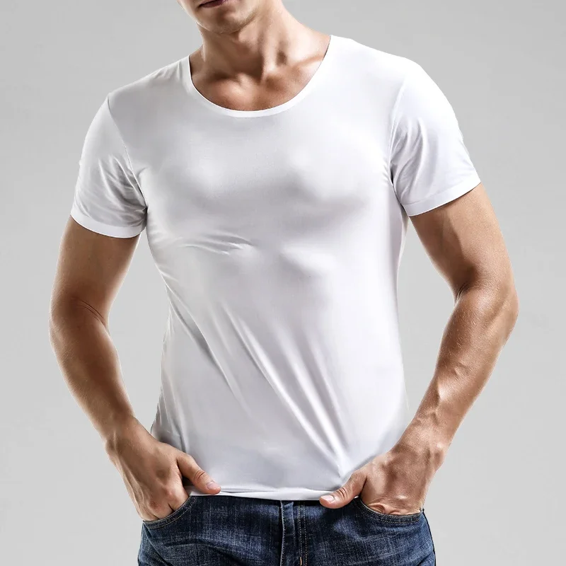 

5PCSSummer Ice Silk seamless men's short-sleeved white T-shirt with round neck, half-sleeved top, thin base layer, slim underwea