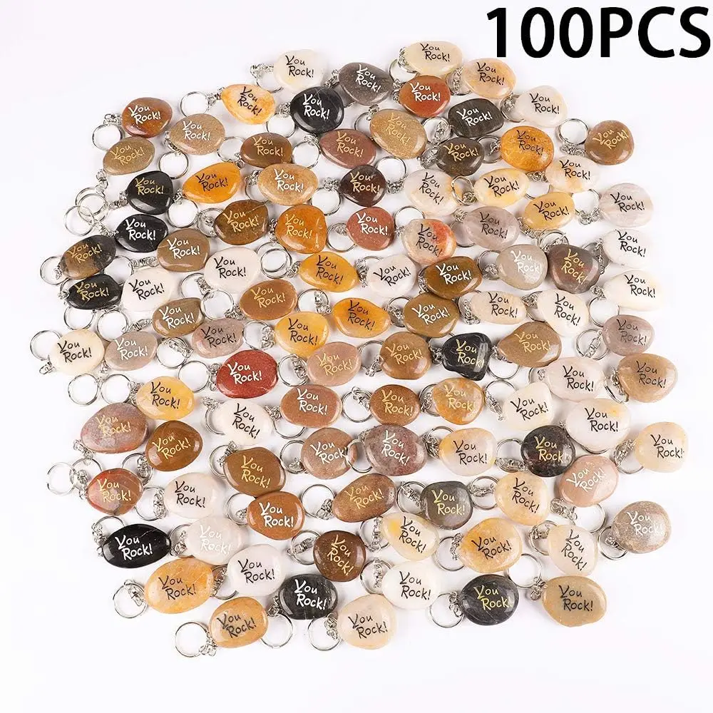100PCS You Rock Inspirational Stone Key Chains, Pocket Word Stone Keyring Lot, Engraved Natural River Rock Key Rings, Teamwork Bonding Gift Bulk Keychain (You Rock! 100 Pieces)
