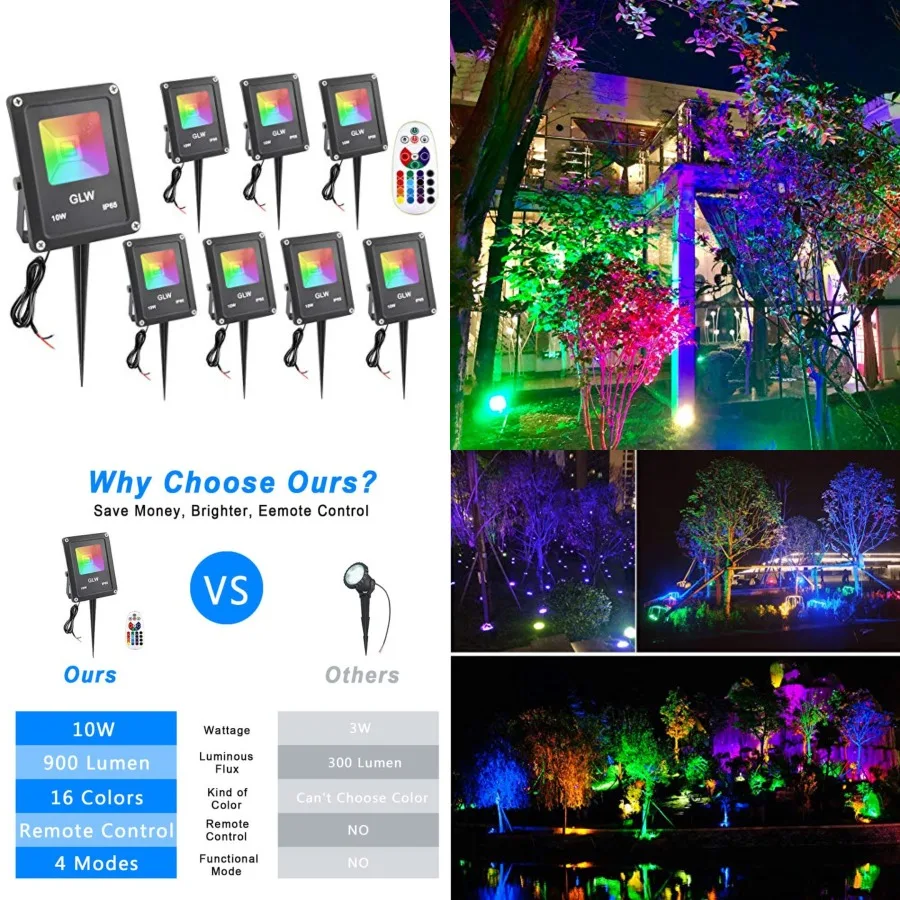 10W Low Voltage Landscape Lighting RGB Color Changing LED Landscape Lights Remote Control Waterproof Garden Patio Spotlight Dec