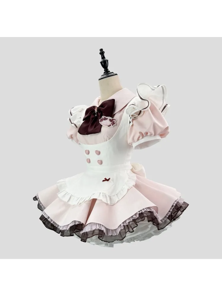 Rosa Sweet Maid Lolita Komplettset, Rüschen-Minikleid mit Schürze, Schleifen-Kopfschmuck, Cosplay-Kostüm für Halloween-Party