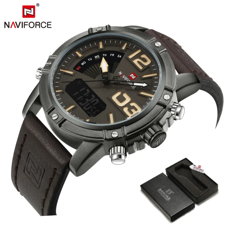 NAVIFORCE Luxus Marke männer Sport Uhren Männer Dual Display LED Digital Wasserdichte Lederband Quarz Militär Uhr Mann Uhr