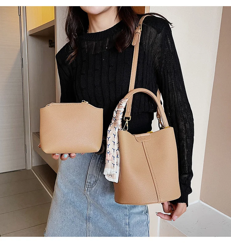 Korean Style The Bucket Bag Designer Ribbon PU Leather Female Tote Bag Large Capacity One Shoulder Crossbody Bags For Women