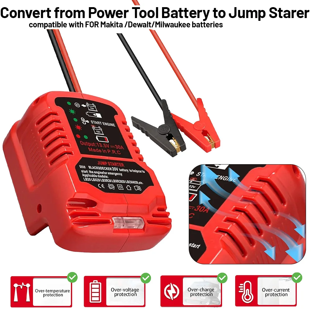 

Пусковые кабели 11AWG для зарядного устройства для аккумуляторов Makita/Dewalt/Milwaukee 18В, пусковое устройство