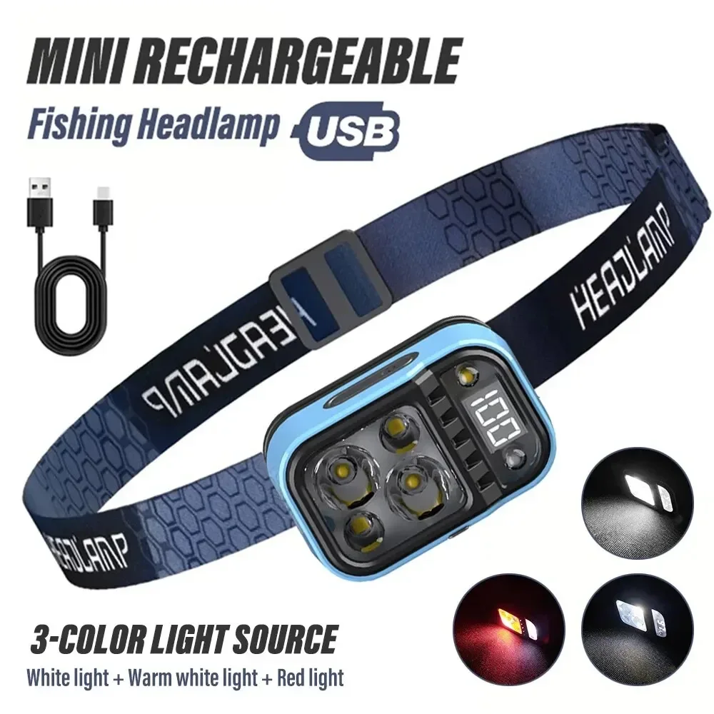 Linterna frontal LED de pesca recargable con sensores e indicador de batería luz de Camping superbrillante con cuentas de lámpara XPG + COB