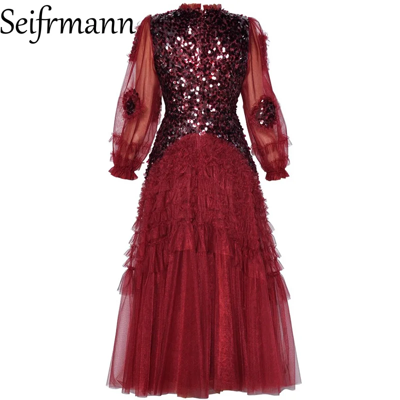 Seifrmann 2026 Spring Women's New Fashionable Round Neck Long Sleeve Glitter Splicing Mesh Waist Cinching Dress - view 3