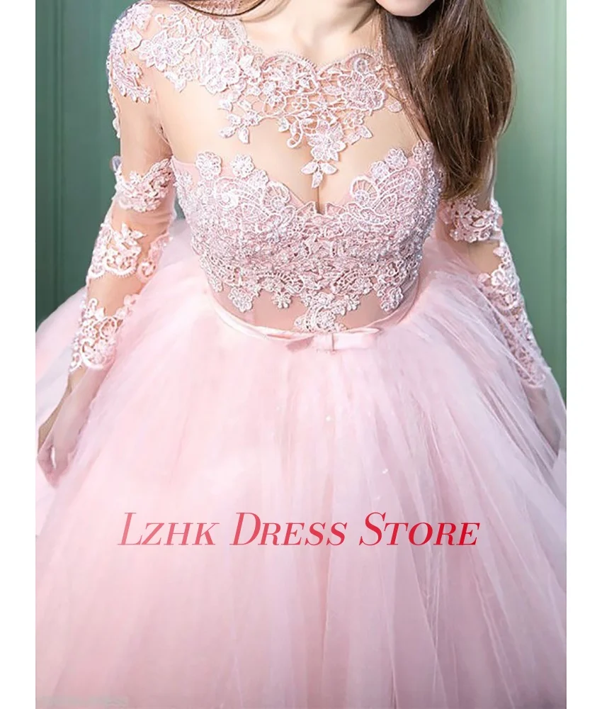 Personalizado sexy organza a linha apliques lantejoulas arco 3d vestido de noite delicado tripulação pescoço mangas compridas فسات evimavera