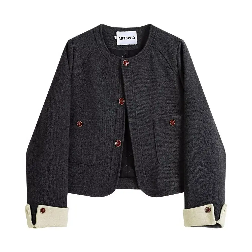 

Retro Round Neck Small Fragrant Style Jacket For Women's Autumn And Winter New Style, Cotton Padded Thick Short Woolen Jacket