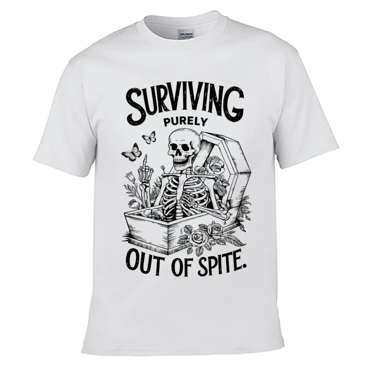 Surviving Purely Out Of Spite Skeleton Coffin Roses Butterflies short-sleeved T-shirt Streetwear Top