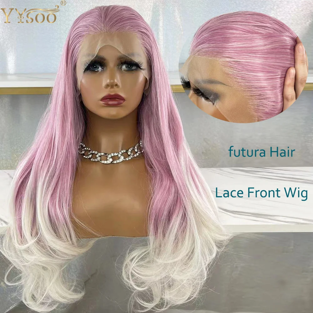 

YYsoo Long 13x4 Futura Hair Glueless Synthetic Lace Front Wigs For Women Mixed Pink / White Two Tone Ombre Body Wave Lace Wig