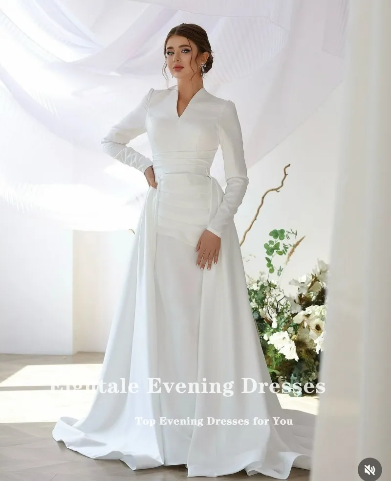 Eightale Muslim Wedding Dress V-Neck Satin Customized Arabic Bridal Gown Long Sleeves with Detachable Skirt Vestido De Noiva