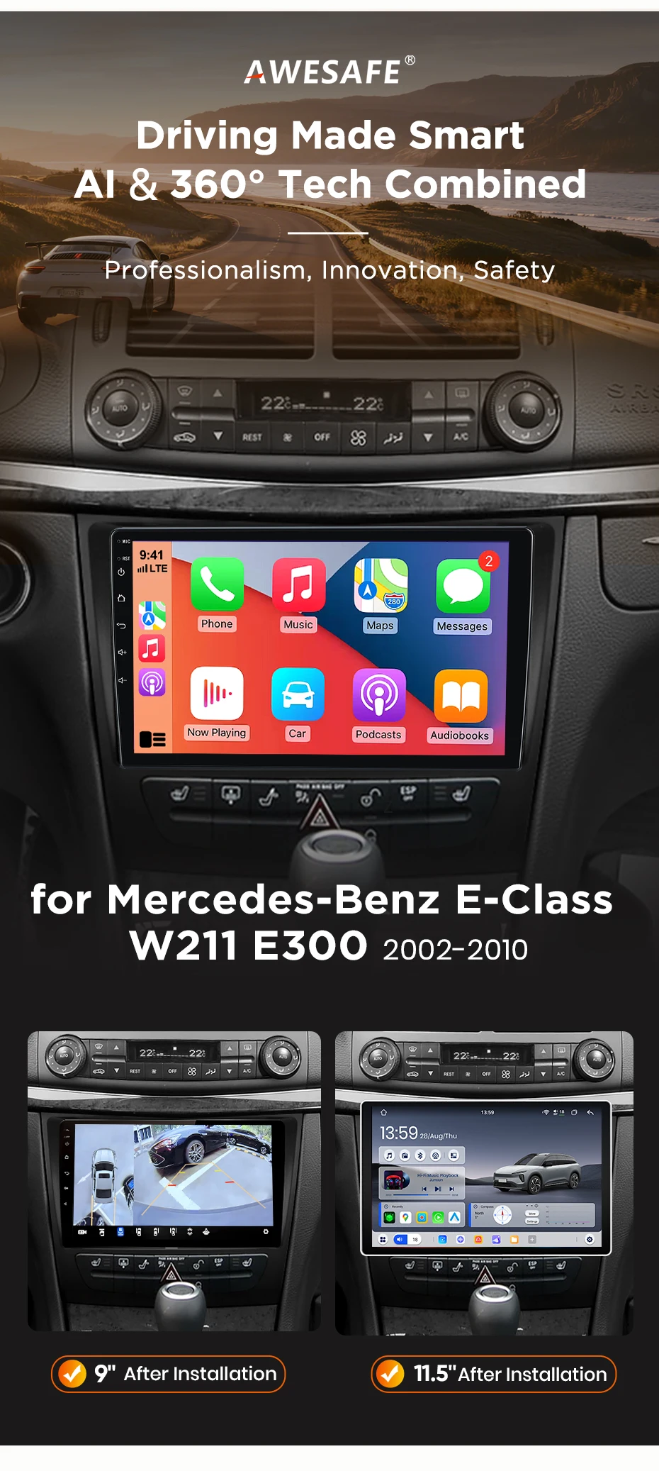 AWESAFE Wireless CarPlay Android Auto Radio für Mercedes Benz E-Klasse W211 E300 2002-2010 Auto Intelligente Systeme RDS GPS FM BT – Detail 4