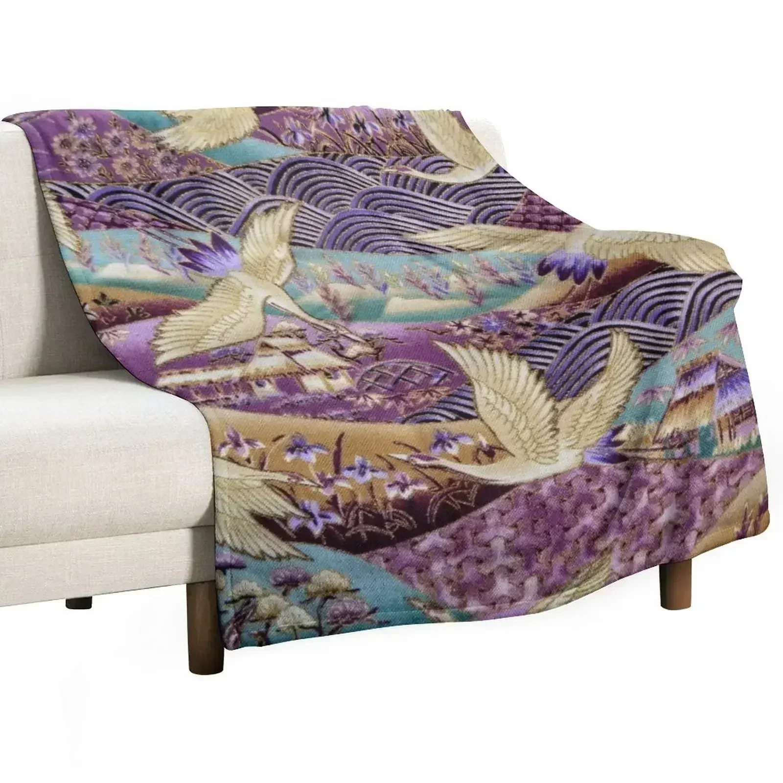 

Japanese Crane kimono style embroidered pattern Throw Blanket Cozy Microfiber Throw Blanket for Home Bedroom