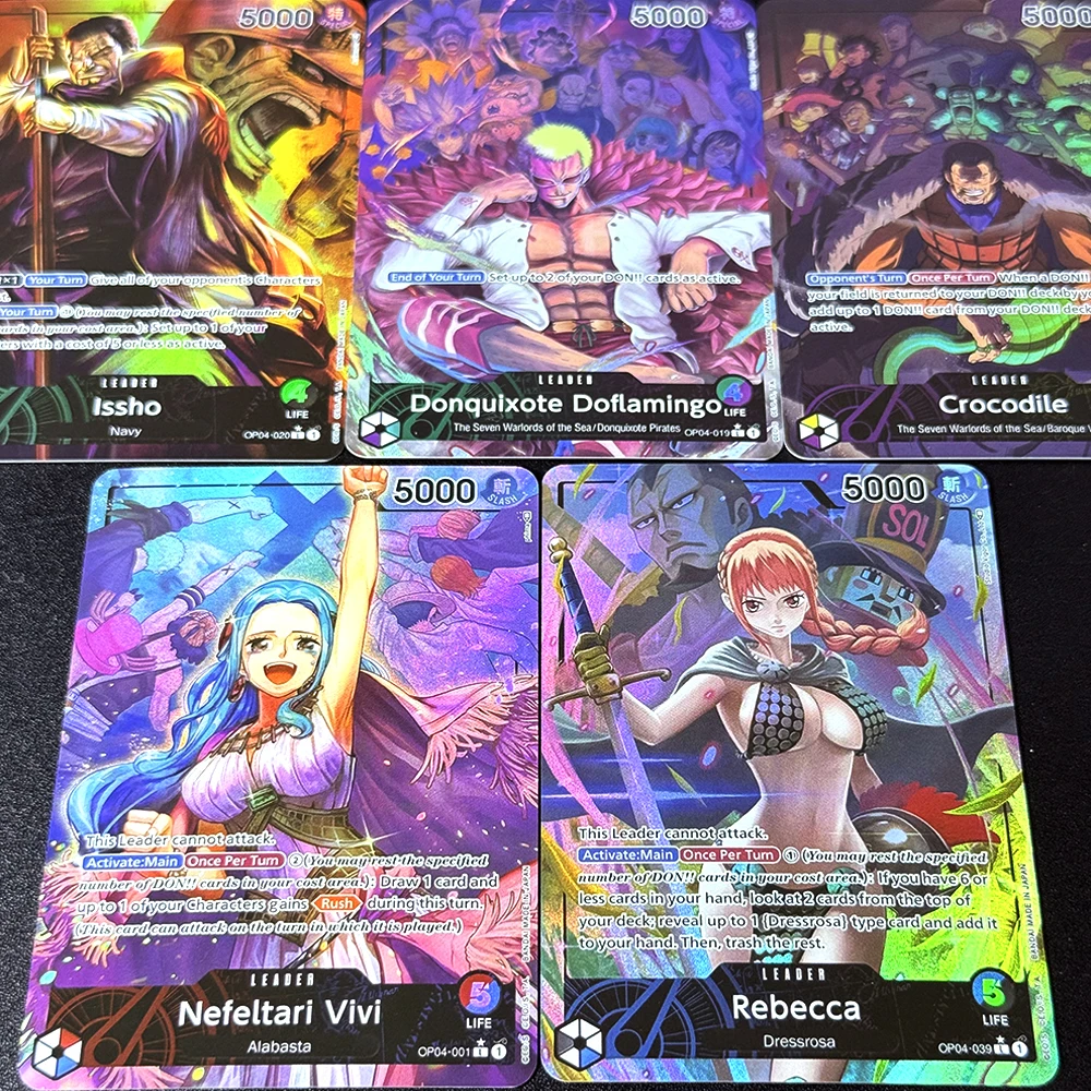 One Piece English OPCG OP04 Leader Foil Texture Proxy Game Cards Crocodile Donquixote Doflamingo  Issho Nefeltari Vivi Rebecca view 3
