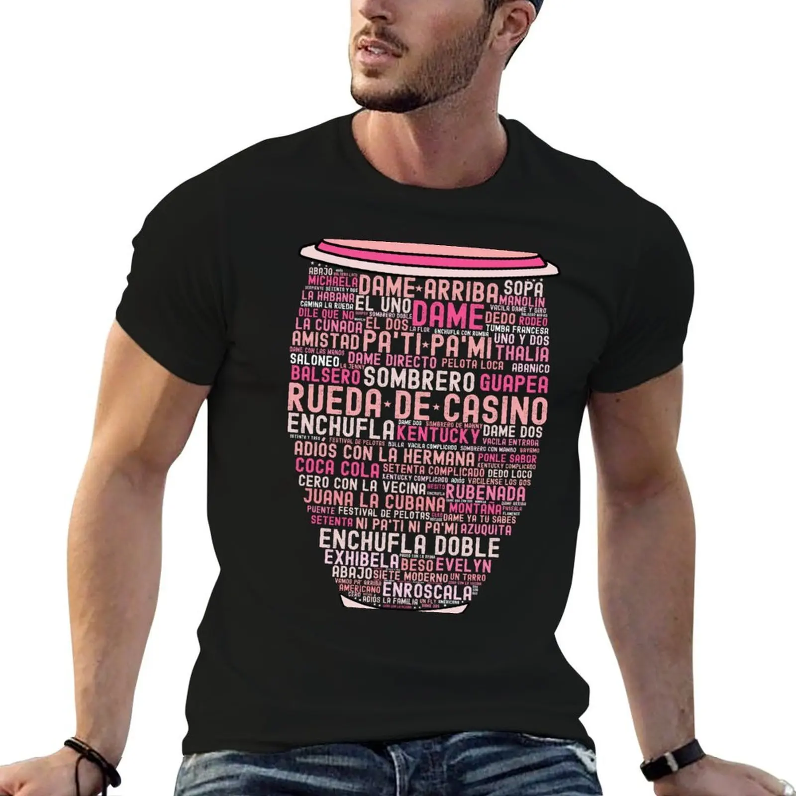 Camiseta Rosa con Estampado de Rueda de Casino y Movimientos de Baile de Salsa Cubana con Tambor Conga - Top Casual de Manga Corta para Navidad