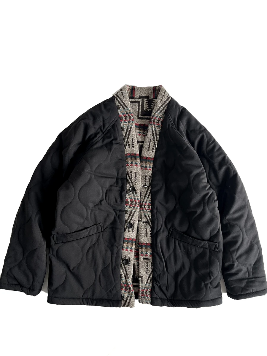 

Retro Splicing National Sle Cotton Jaet Men's Autumn Winter Heavyweight No Collar Workwear Outerwear Layering Coat