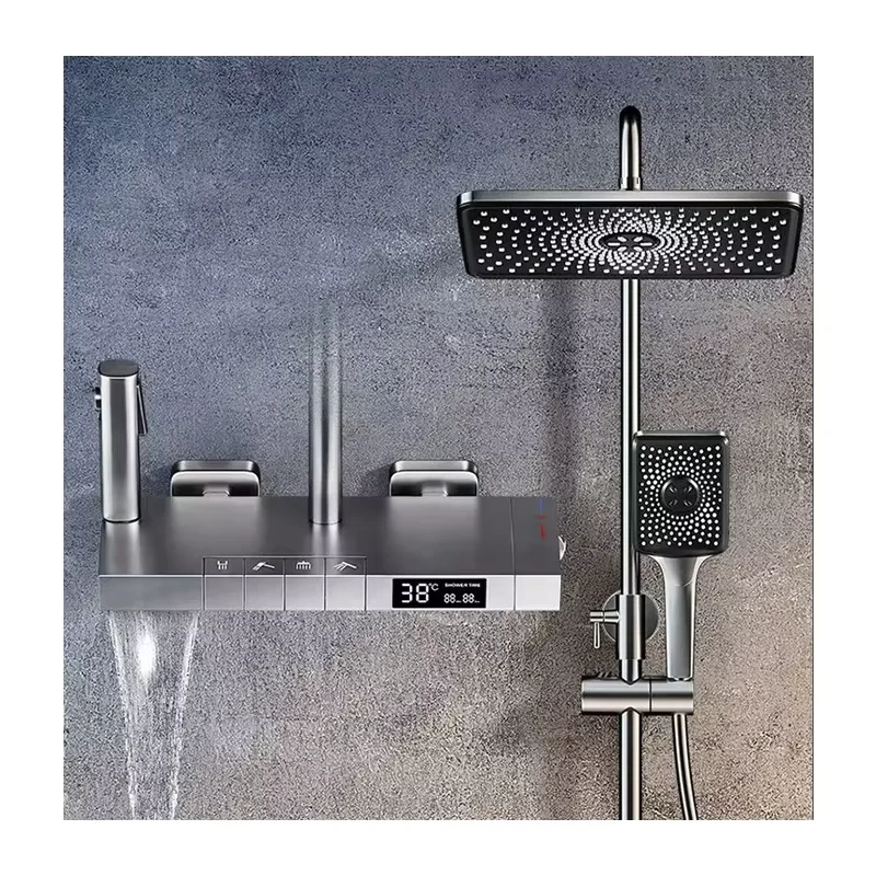 النحاس الحائط شاشة ديجيتال ضوء البيانو دش خلاط مجموعة ثرموستاتي الأمطار الحمام صنبور مع صمام السيراميك الأساسية #2