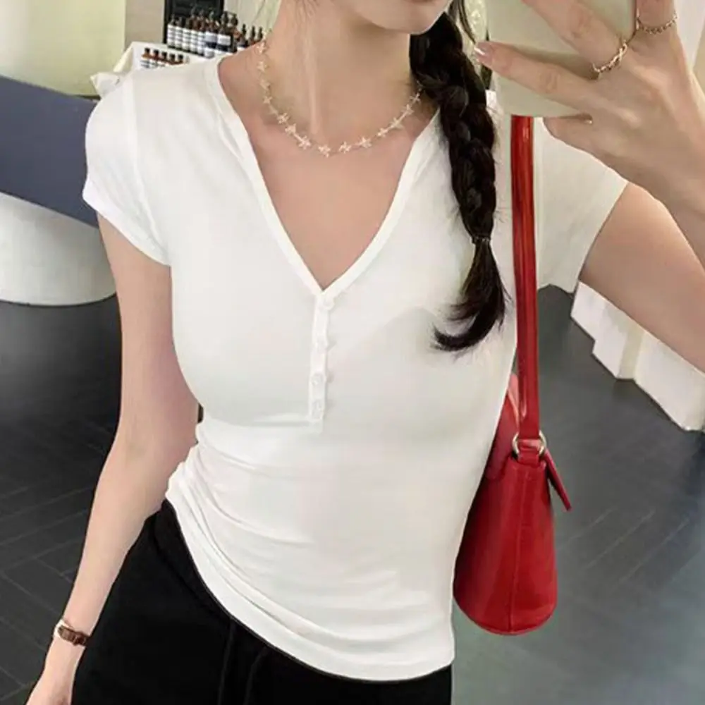 Retro fino ajuste manga curta camiseta botão chique colheita topo feminino simples cor sólida com decote em v camisetas topo streetwear