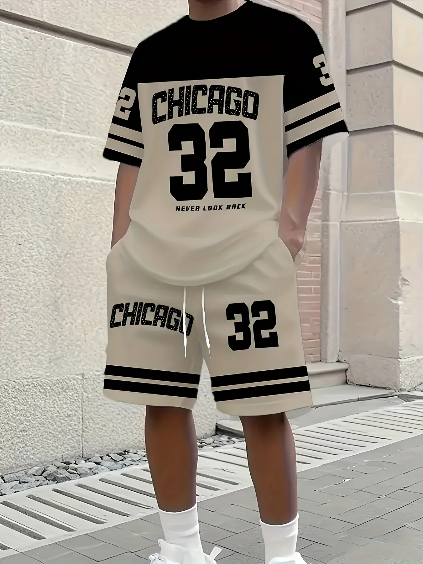 Summer Men's Chicago-Themed Relaxed Set Size 32 Printed T-Shirt and Shorts Set Adult Sports Casual Plus Size Two-Piece Set - Image 2