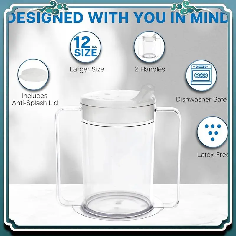 3 عبوات من أكواب رشفة الاستقلال المميزة - كوب امتصاص للبالغين سعة 12 أونصة مع مقابض للبالغين مع أكواب للمعاقين ذات الحركة المحدودة